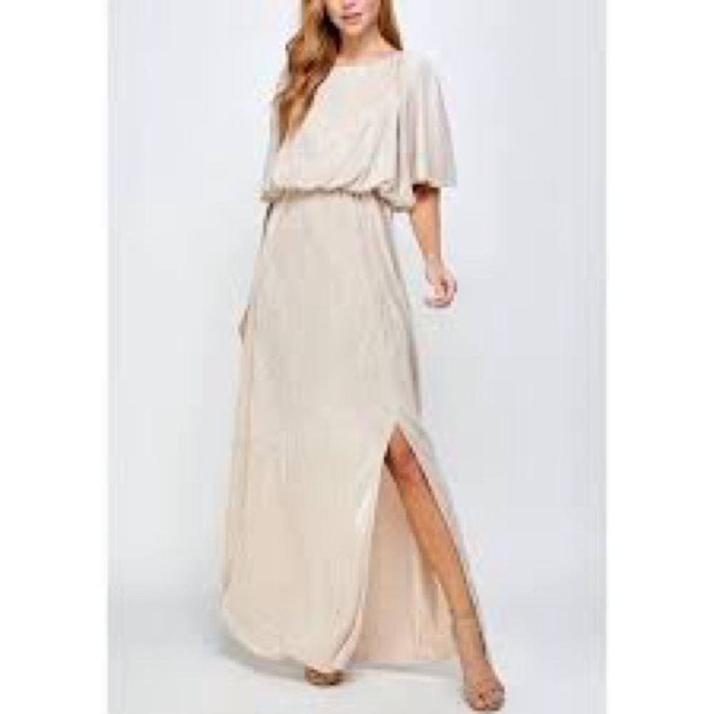 See & Be Seen Gold Sequin Gown Maxi‎ Dress Blouson Slit Front Medium